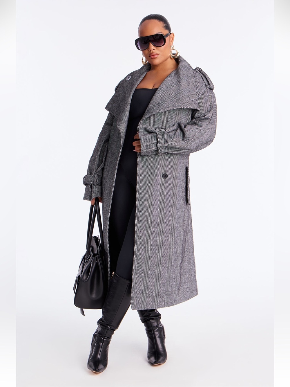 Oversized Gray Herringbone Trench Coat
